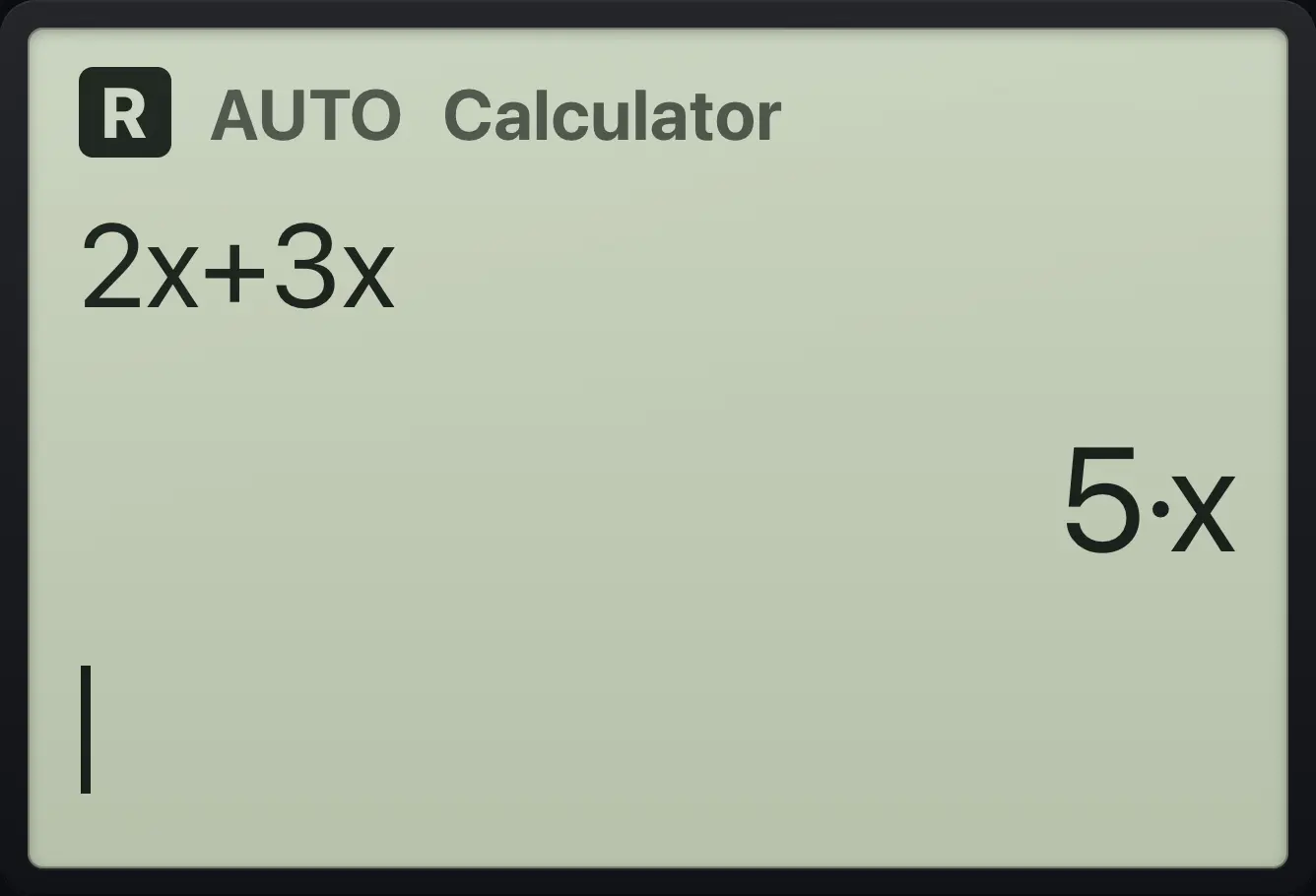 Result of the example "Combine like terms" The display shows: 2x+3x / 5·x.