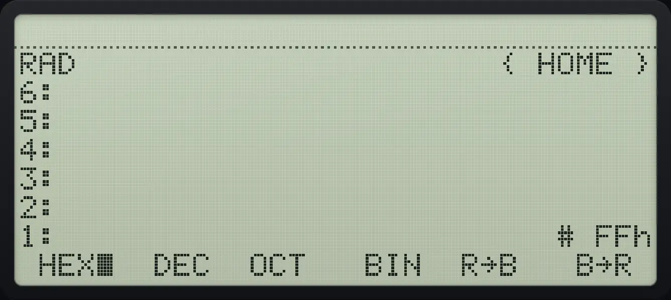 Result of the example "Real number to binary integer" The display shows: RAD { HOME } / 6: / 5: / 4: / 3: / 2: / 1: # FFh / HEX■ DEC OCT BIN R→B B→R .