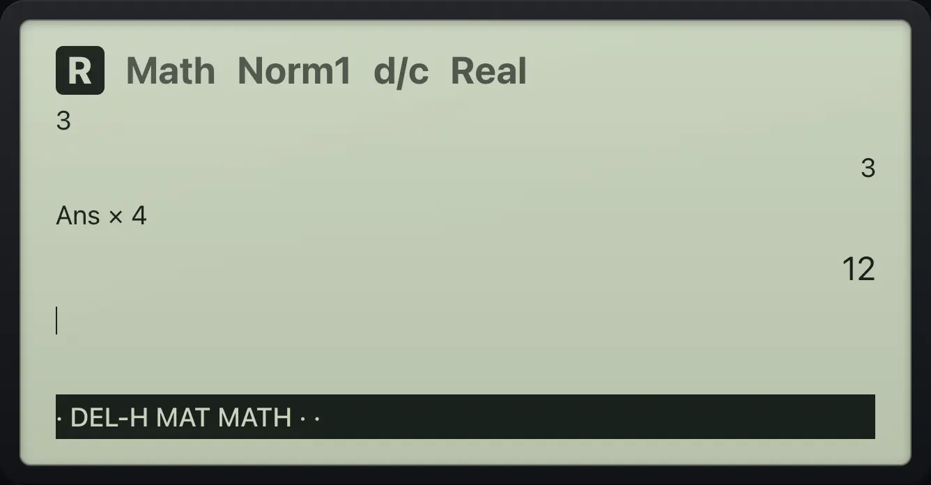 Result of the example "Continue from the last answer" The display shows: 3 / 3 / Ans×4 / 12 / · DEL-H MAT MATH · ·.