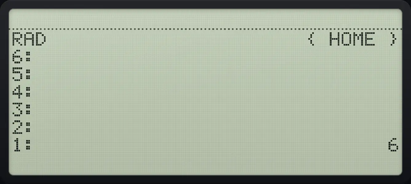 Result of the example "Sum of a list" The display shows: RAD                      { HOME } / 6: / 5: / 4: / 3: / 2: / 1:                              6.