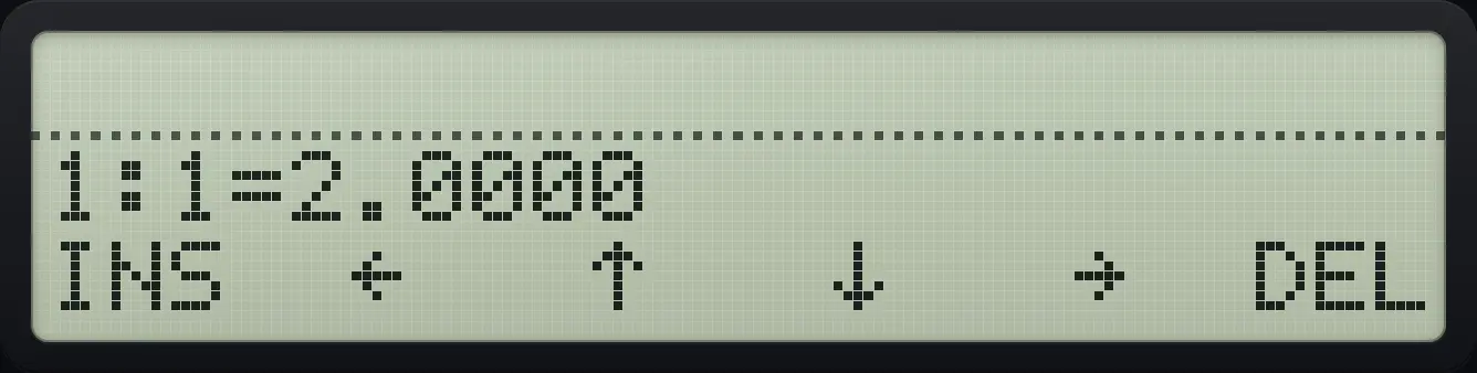 Result of the example "Solve x + y = 3 and x − y = 1" The display shows: 1:1=2.0000 / INS ← ↑ ↓ → DEL.