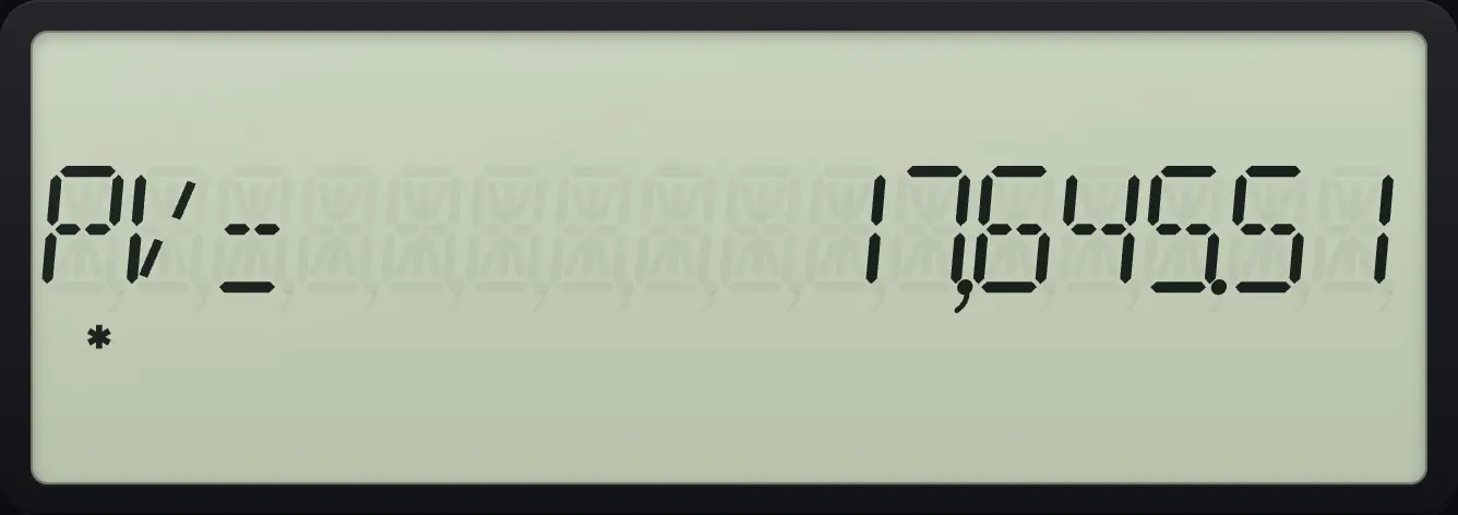 Result of the example "Present value of an annuity" The display shows: PV= 17,645.51.