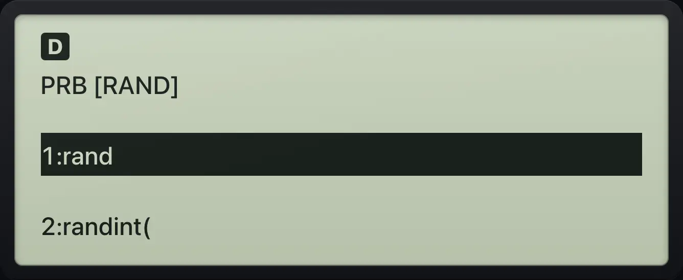 The RAND tab of the PRB menu. The display shows: PRB [RAND] / 1:rand / 2:randint(.