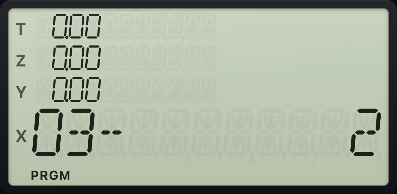 Program mode after recording 1, +, 2: the display shows line 03. The display shows: 03- 2 / 0.00 / 0.00 / 0.00 / 0.00.