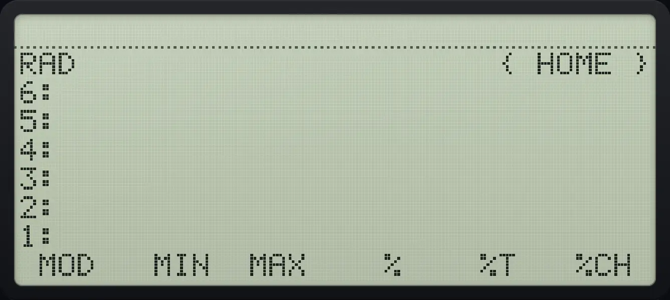 MTH page 2: MOD, MIN, MAX, %, %T, %CH. The display shows: RAD { HOME } / 6: / 5: / 4: / 3: / 2: / 1: / MOD MIN MAX % %T %CH .