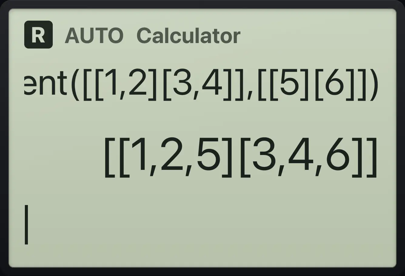 Result of the example "Join matrices side by side" The display shows: augment([[1,2][3,4]],[[5][6]]) / [[1,2,5][3,4,6]].