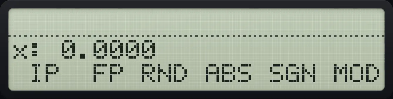 Press down for page 2 of CONVERT: integer part, fraction part, rounding, absolute value, sign and modulo. The display shows: x: 0.0000 / IP FP RND ABS SGN MOD.