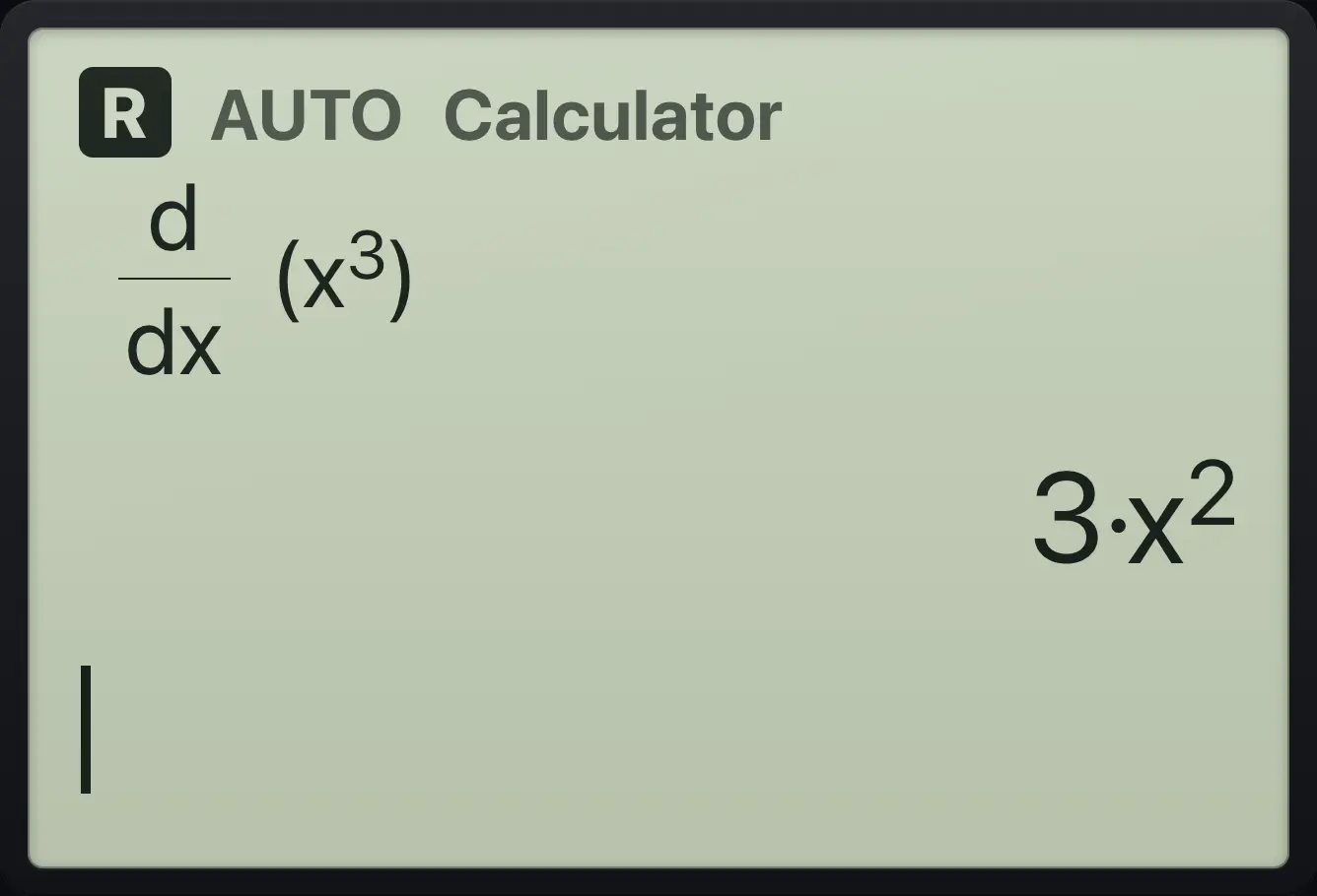 Result of the example "Derivative from the Calculus menu" The display shows: d/dx(x^3) / 3·x^2.