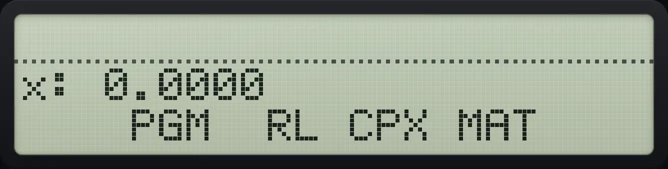 The CATALOG menu. The display shows: x: 0.0000 / PGM RL CPX MAT .