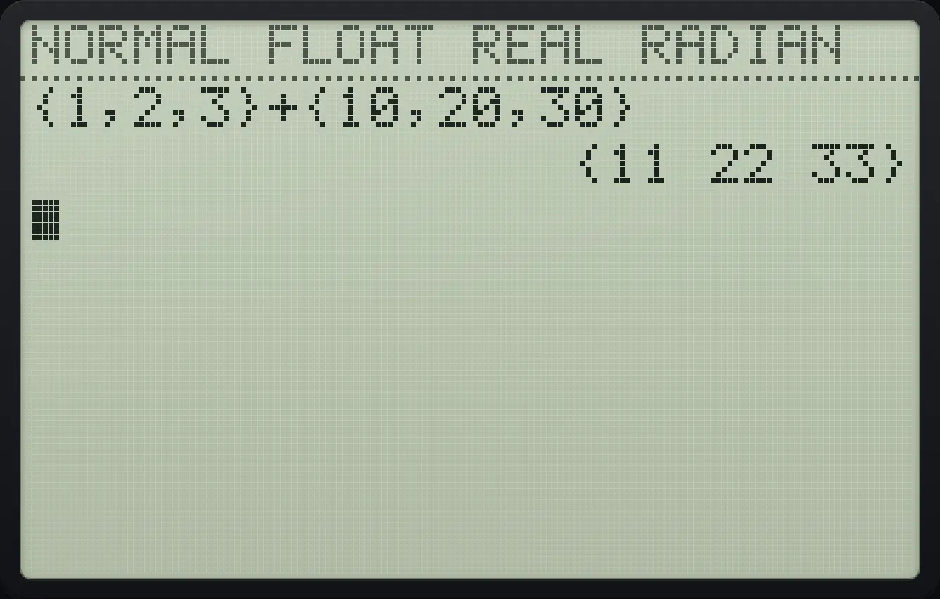 Result of the example "Add two lists" The display shows: {1,2,3}+{10,20,30} / {11 22 33}.