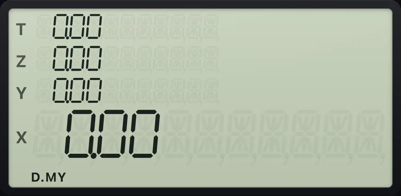 After g D.MY: the D.MY indicator is lit. The display shows: 0.00 / 0.00 / 0.00 / 0.00.