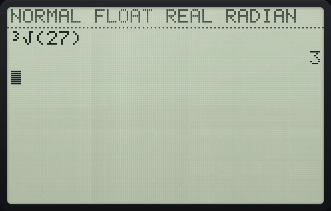 Result of the example "Cube root" The display shows: ³√(27) / 3.