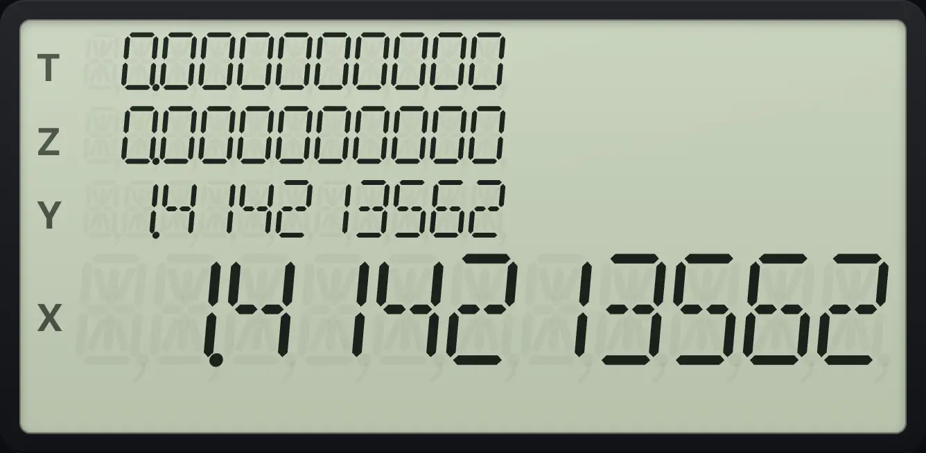 Result of the example "See more digits" The display shows: 0.000000000 / 0.000000000 / 1.414213562 / 1.414213562.