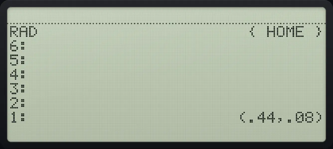 Result of the example "Divide (1+2i) by (3+4i)" The display shows: RAD { HOME } / 6: / 5: / 4: / 3: / 2: / 1: (.44,.08).