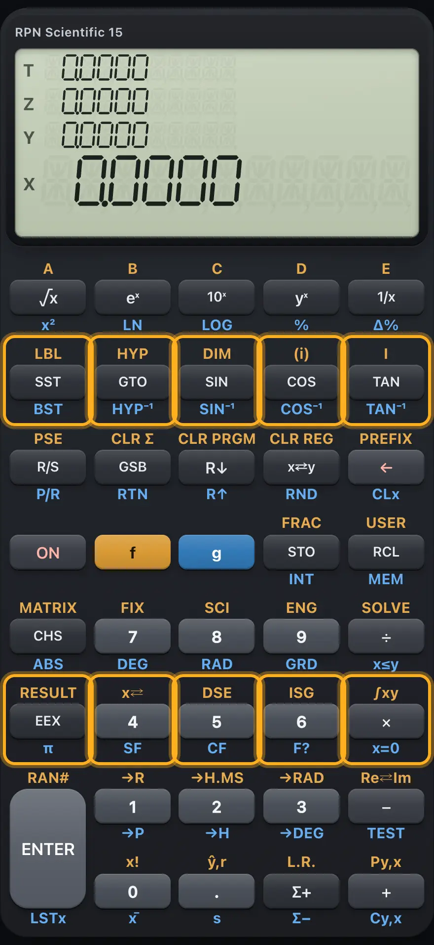 Second row keys. The display shows: 0.0000 / 0.0000 / 0.0000 / 0.0000.