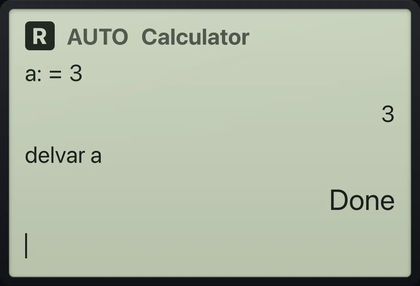 Result of the example "Delete one variable" The display shows: a:=3 / 3 / delvar a / Done.