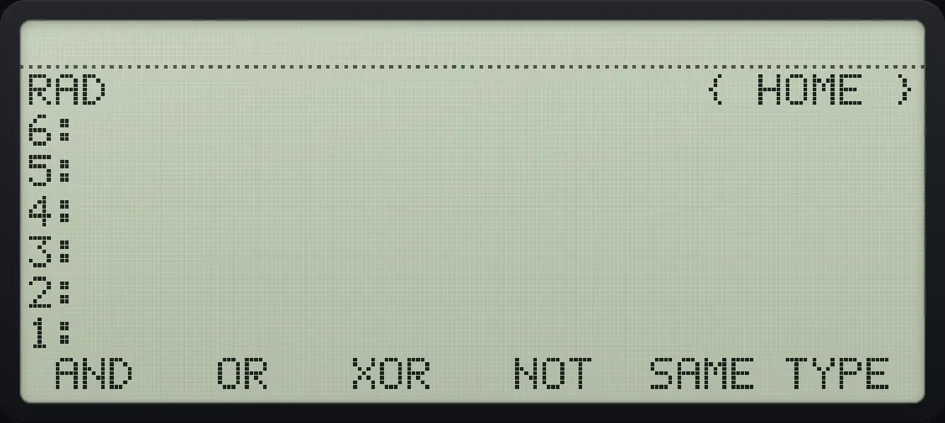 TEST page 2: AND, OR, XOR, NOT, SAME, TYPE. The display shows: RAD                      { HOME } / 6: / 5: / 4: / 3: / 2: / 1: /  AND   OR   XOR   NOT  SAME TYPE .