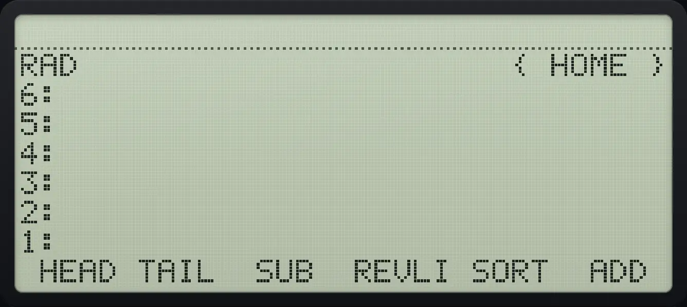 LIST page 2. The display shows: RAD                      { HOME } / 6: / 5: / 4: / 3: / 2: / 1: /  HEAD TAIL  SUB  REVLI SORT  ADD .
