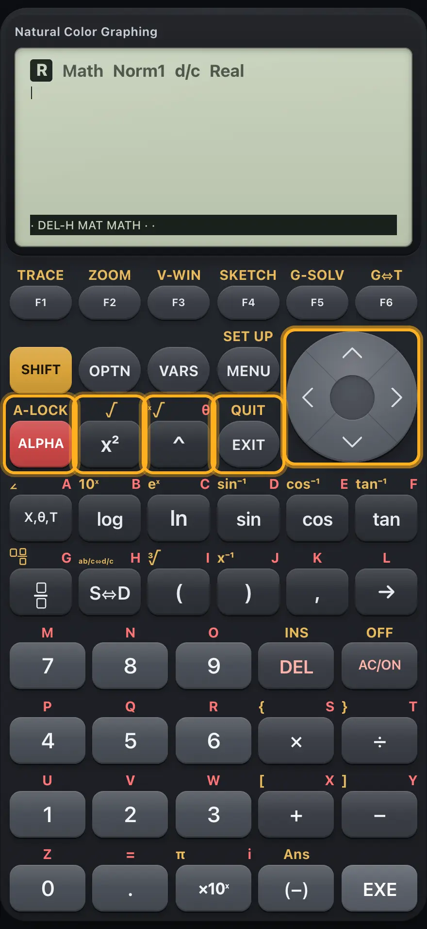 ALPHA, square, power, EXIT The display shows: · DEL-H MAT MATH · ·.