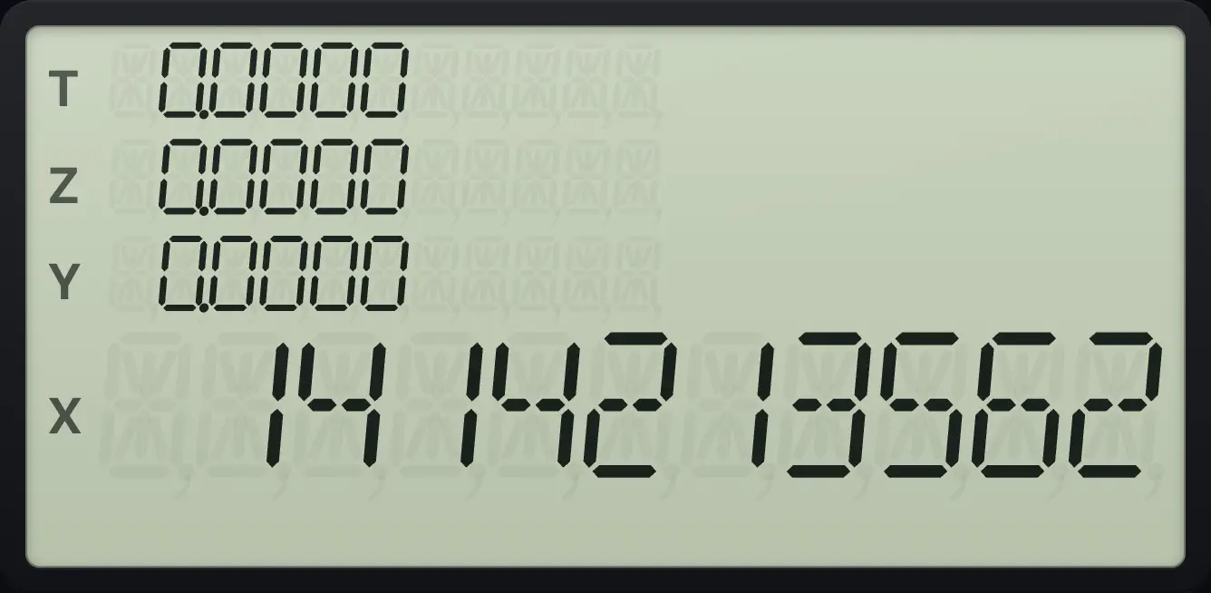 Result of the example "See the full digits of the square root of 2" The display shows: 1414213562 / 0.0000 / 0.0000 / 0.0000 / 1.4142.