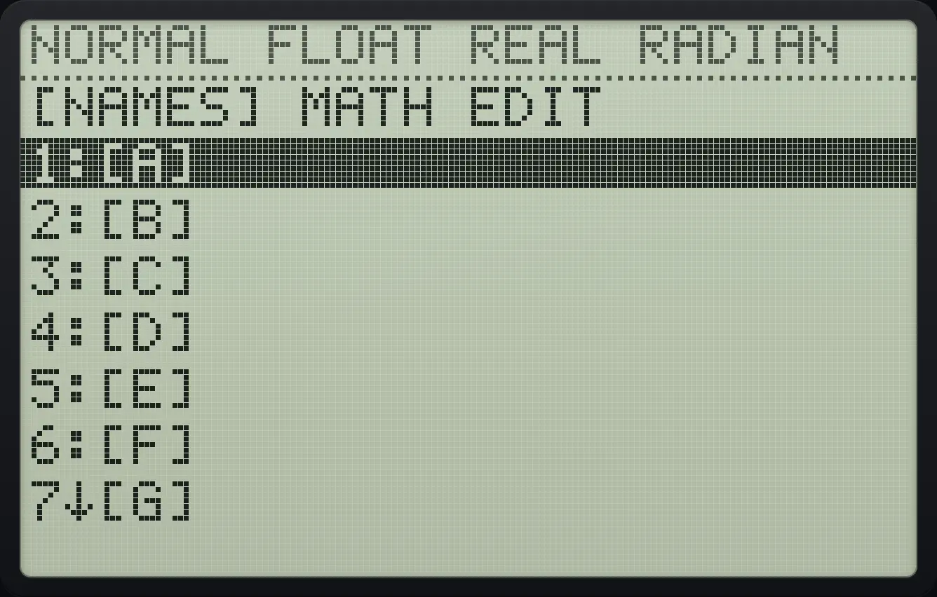 The MATRIX menu, NAMES tab (dimensions are shown once a matrix exists). The display shows: [NAMES] MATH EDIT / 1:[A] / 2:[B] / 3:[C] / 4:[D] / 5:[E] / 6:[F] / 7↓[G].