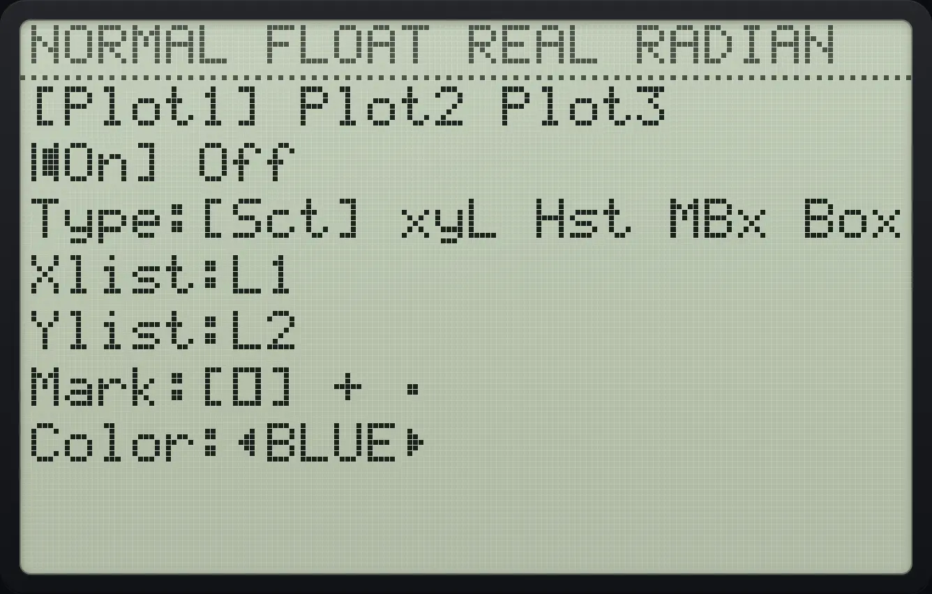 After step 2: Open STAT PLOT, choose 1, move left to On and press enter. The display shows: [Plot1] Plot2 Plot3 / [On] Off / Type:[Sct] xyL Hst MBx Box / Xlist:L1 / Ylist:L2 / Mark:[□] + · / Color:◀BLUE▶.