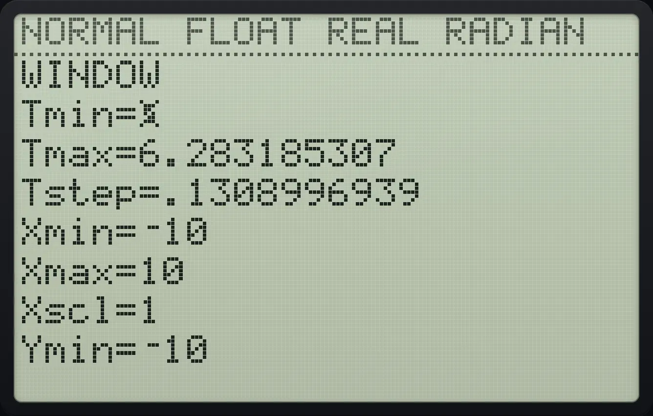 Result of the example "The WINDOW screen in parametric mode" The display shows: WINDOW / Tmin=0 / Tmax=6.283185307 / Tstep=.1308996939 / Xmin=⁻10 / Xmax=10 / Xscl=1 / Ymin=⁻10.