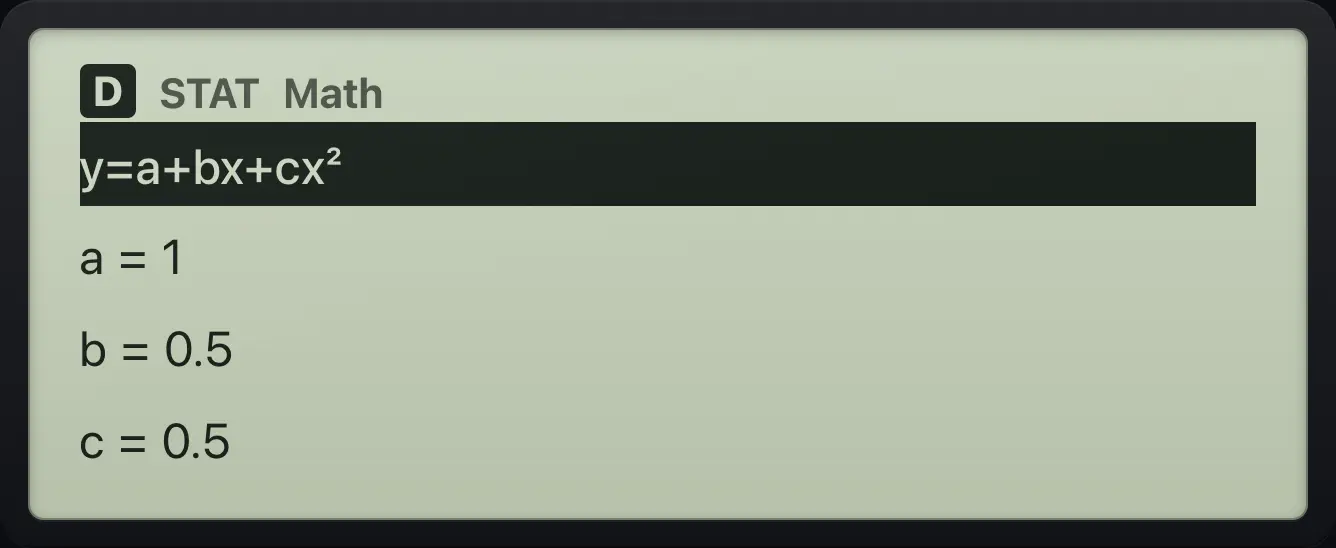 Result of the example "Quadratic through three points" The display shows: y=a+bx+cx² / a=1 / b=0.5 / c=0.5.