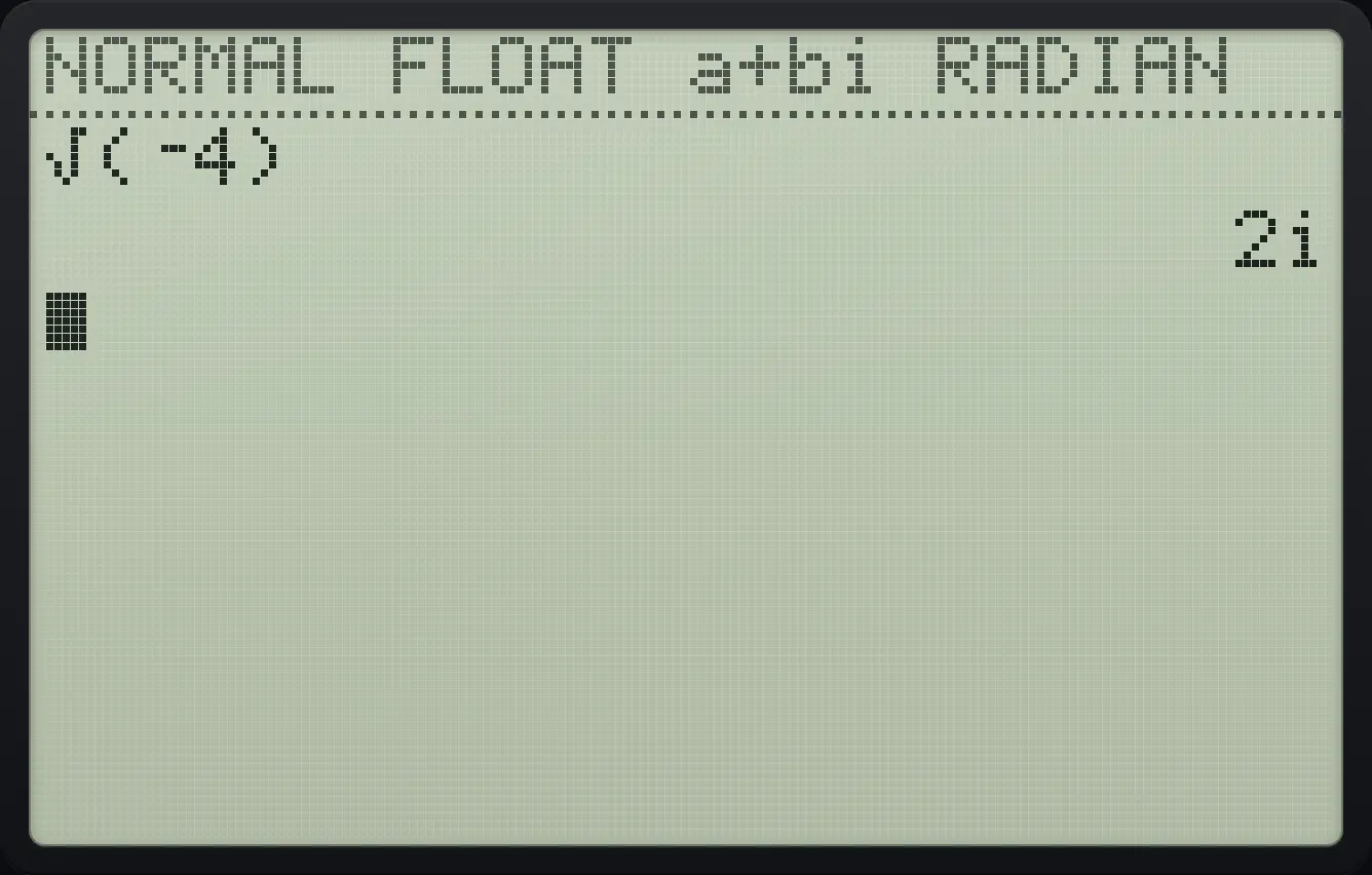 Result of the example "Allow complex answers" The display shows: √(⁻4) / 2i.