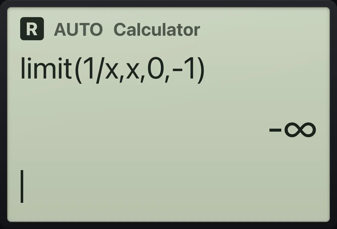 Result of the example "One-sided limit from the left" The display shows: limit(1/x,x,0,-1) / -∞.