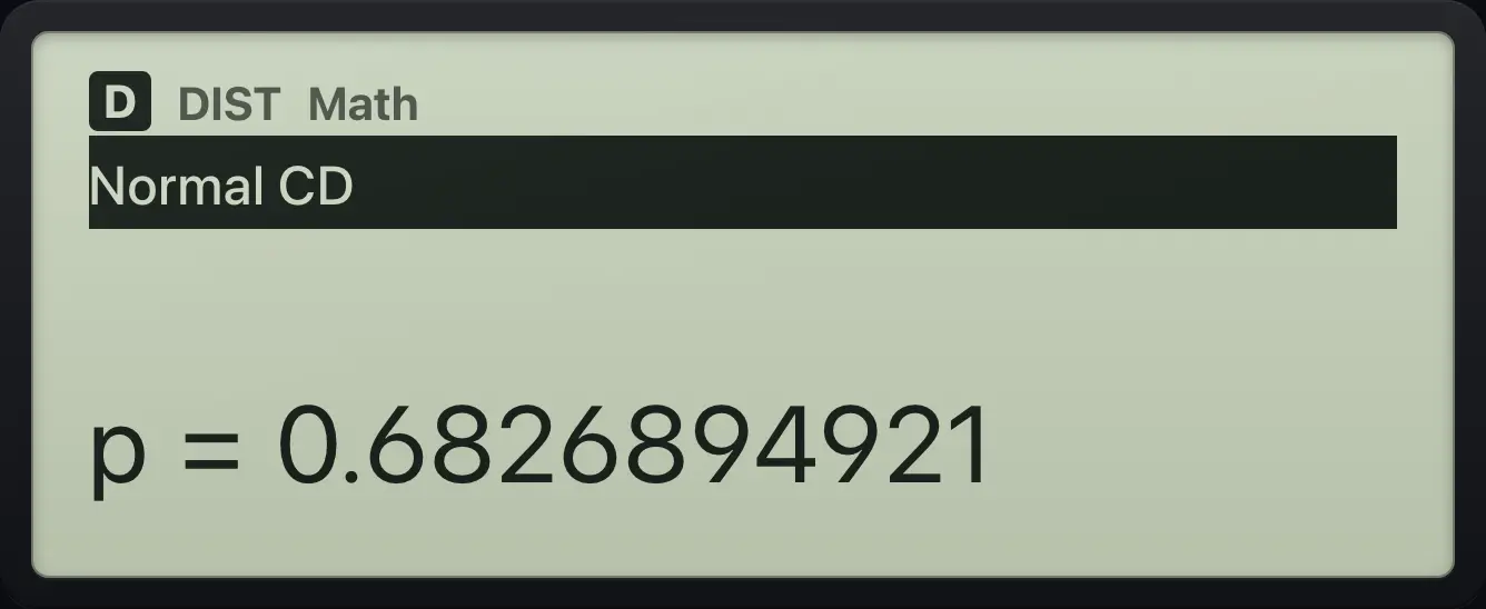 Result of the example "Within one standard deviation" The display shows: Normal CD / p=0.6826894921.