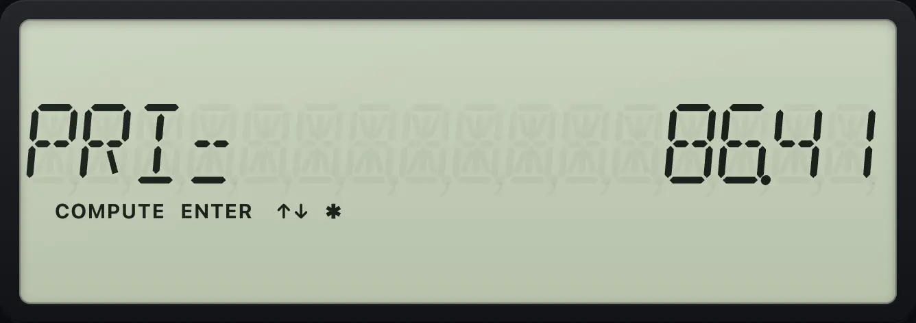 Result of the example "Price at an 8% yield" The display shows: PRI= 86.41.