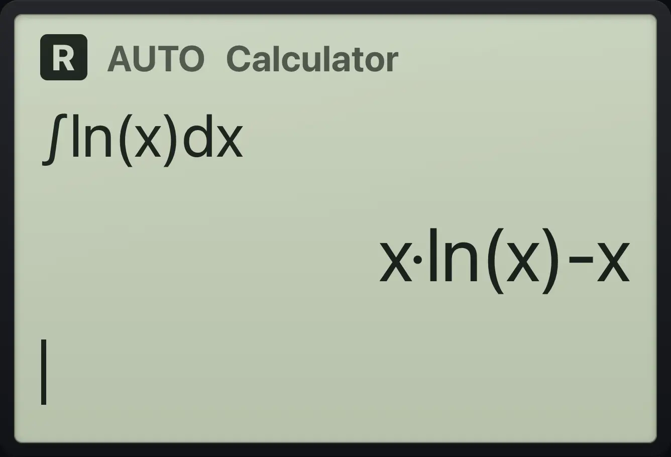 Result of the example "Integral of ln x" The display shows: ∫(ln(x))dx / x·ln(x)-x.