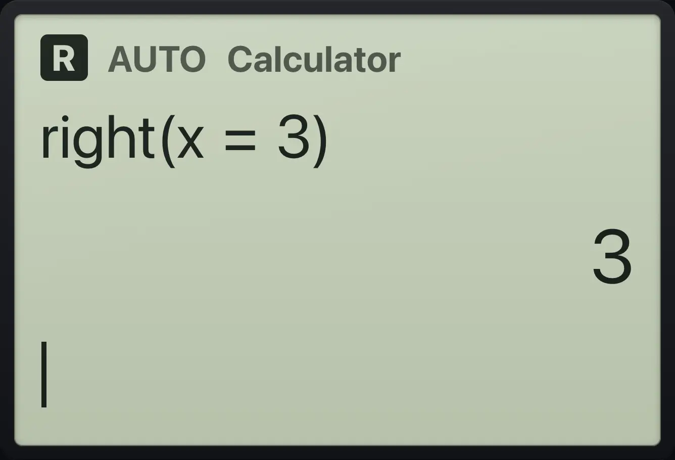 Result of the example "Right side of an equation" The display shows: right(x=3) / 3.