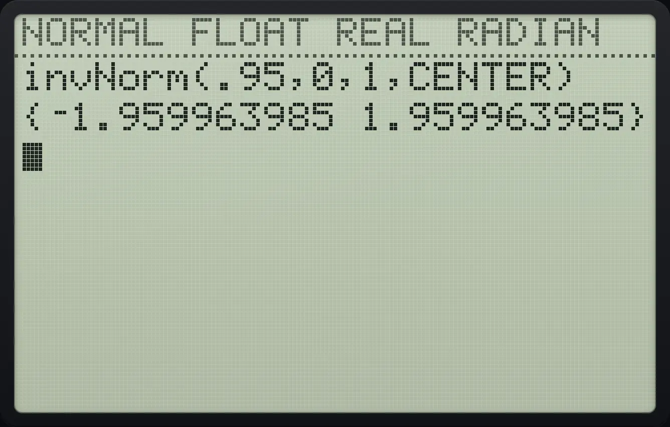 Result of the example "Both tails (CENTER)" The display shows: invNorm(.95,0,1,CENTER) / {⁻1.959963985 1.959963985}.