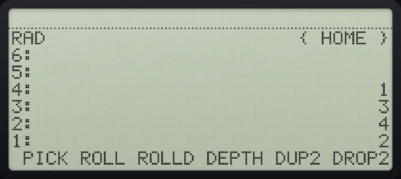 Result of the example "Roll the third object to the top" The display shows: RAD { HOME } / 6: / 5: / 4: 1 / 3: 3 / 2: 4 / 1: 2 / PICK ROLL ROLLD DEPTH DUP2 DROP2.
