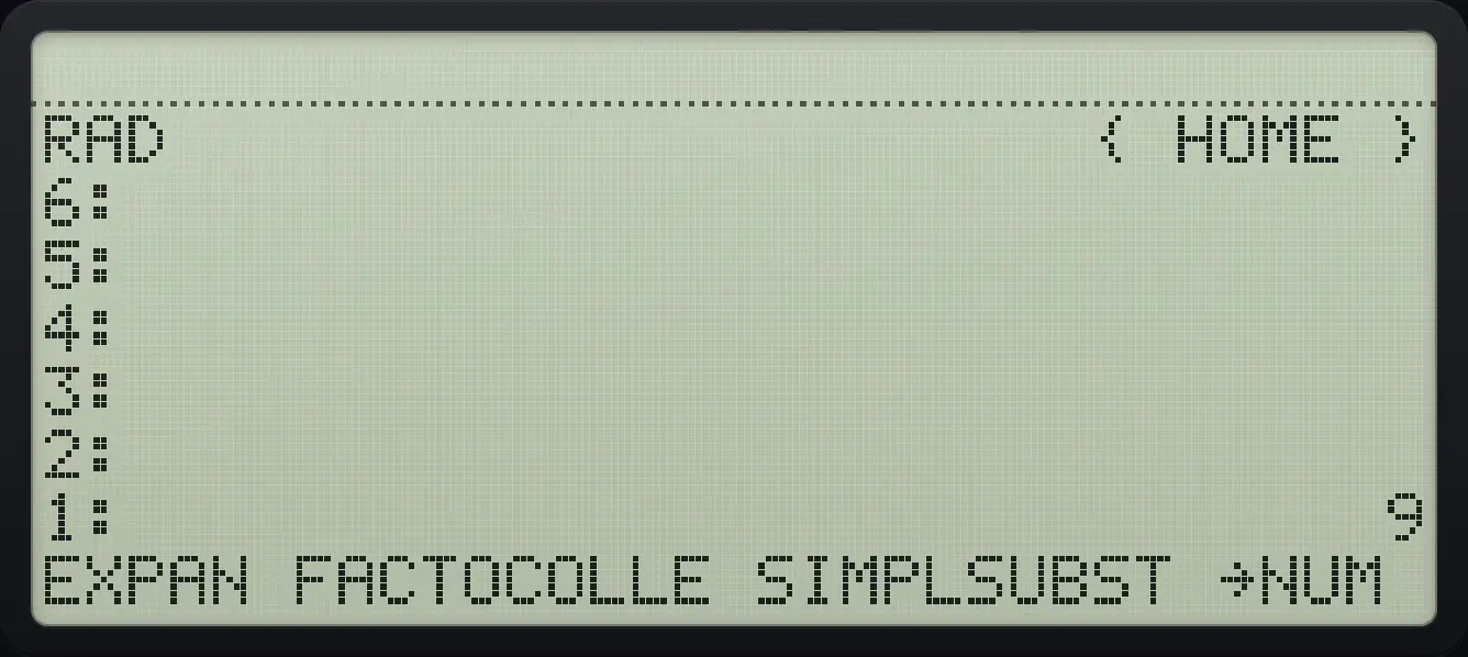 Result of the example "Substitute x = 3 into x squared" The display shows: RAD                      { HOME } / 6: / 5: / 4: / 3: / 2: / 1:                              9 / EXPAN FACTOCOLLE SIMPLSUBST →NUM .