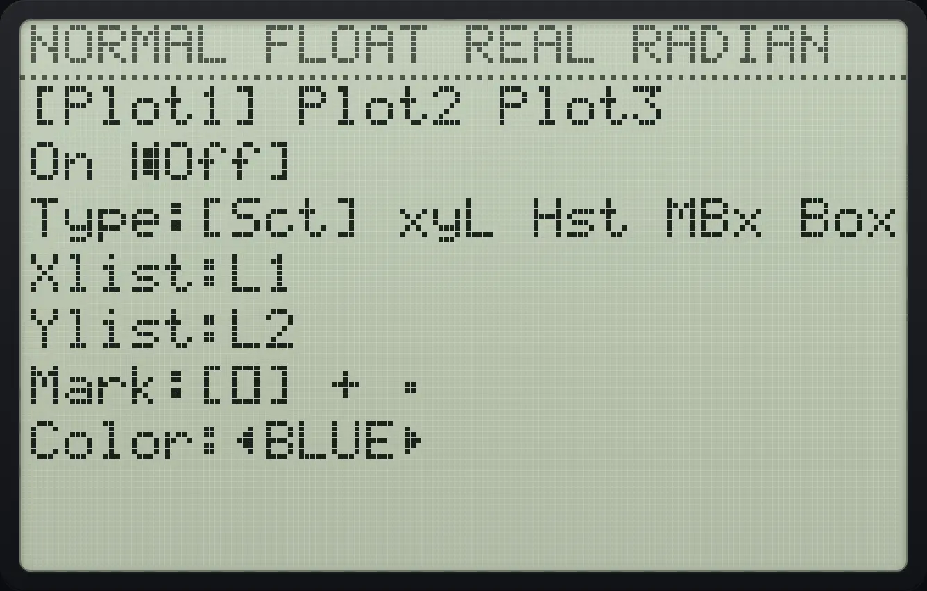 Setting up Plot1. The display shows: [Plot1] Plot2 Plot3 / On [Off] / Type:[Sct] xyL Hst MBx Box / Xlist:L1 / Ylist:L2 / Mark:[□] + · / Color:◀BLUE▶.