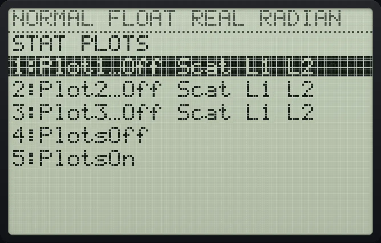 The STAT PLOTS menu. The display shows: STAT PLOTS / 1:Plot1…Off Scat L1 L2 / 2:Plot2…Off Scat L1 L2 / 3:Plot3…Off Scat L1 L2 / 4:PlotsOff / 5:PlotsOn.