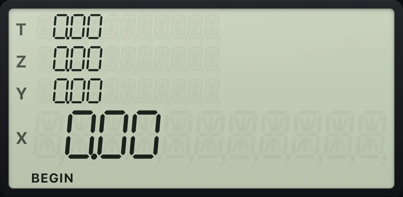 After g BEG: the BEGIN indicator is lit. The display shows: 0.00 / 0.00 / 0.00 / 0.00.