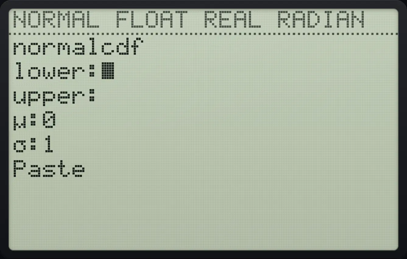 The normalcdf form: lower, upper, mean and standard deviation. The display shows: normalcdf / lower: / upper: / μ:0 / σ:1 / Paste.