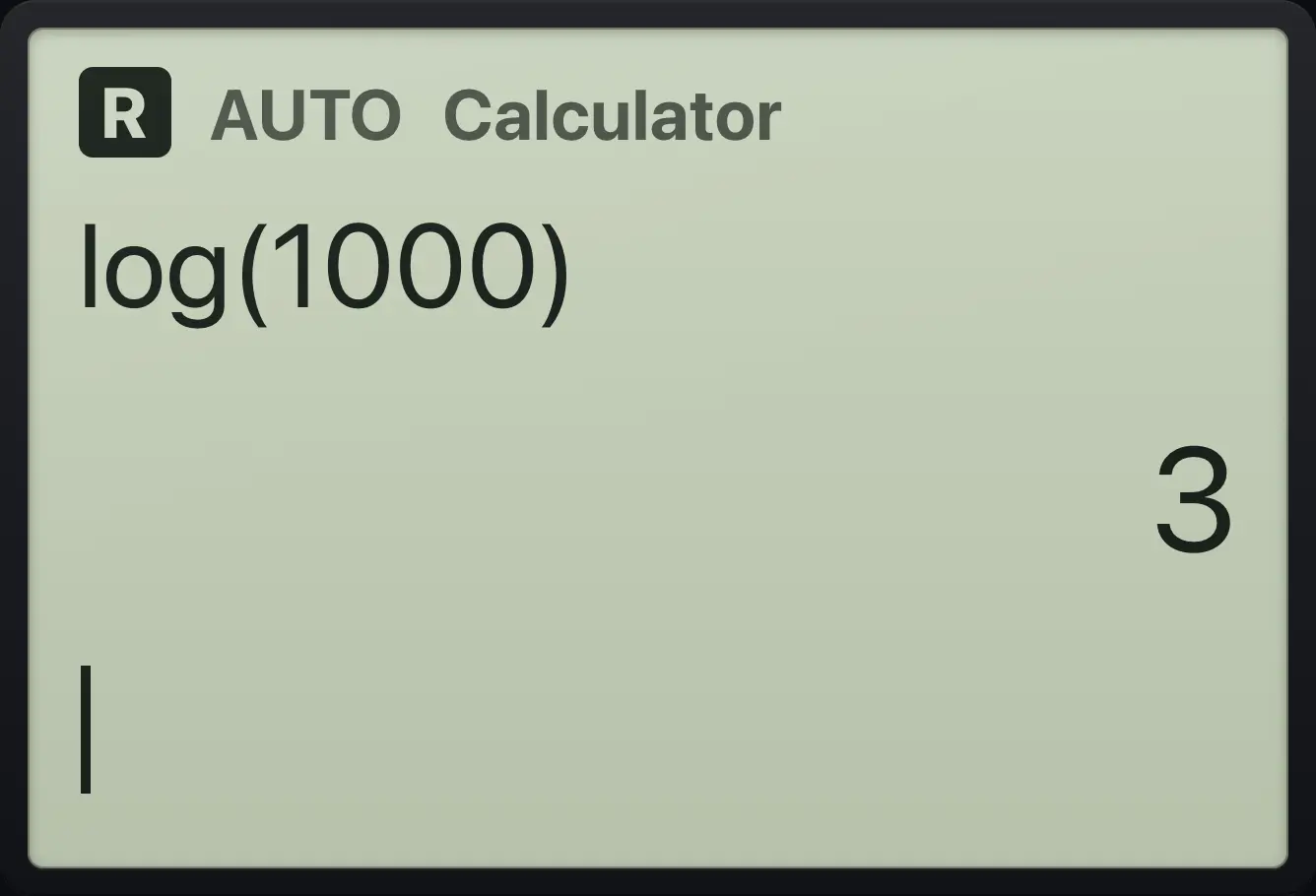 Result of the example "Base 10 log" The display shows: log(1000) / 3.