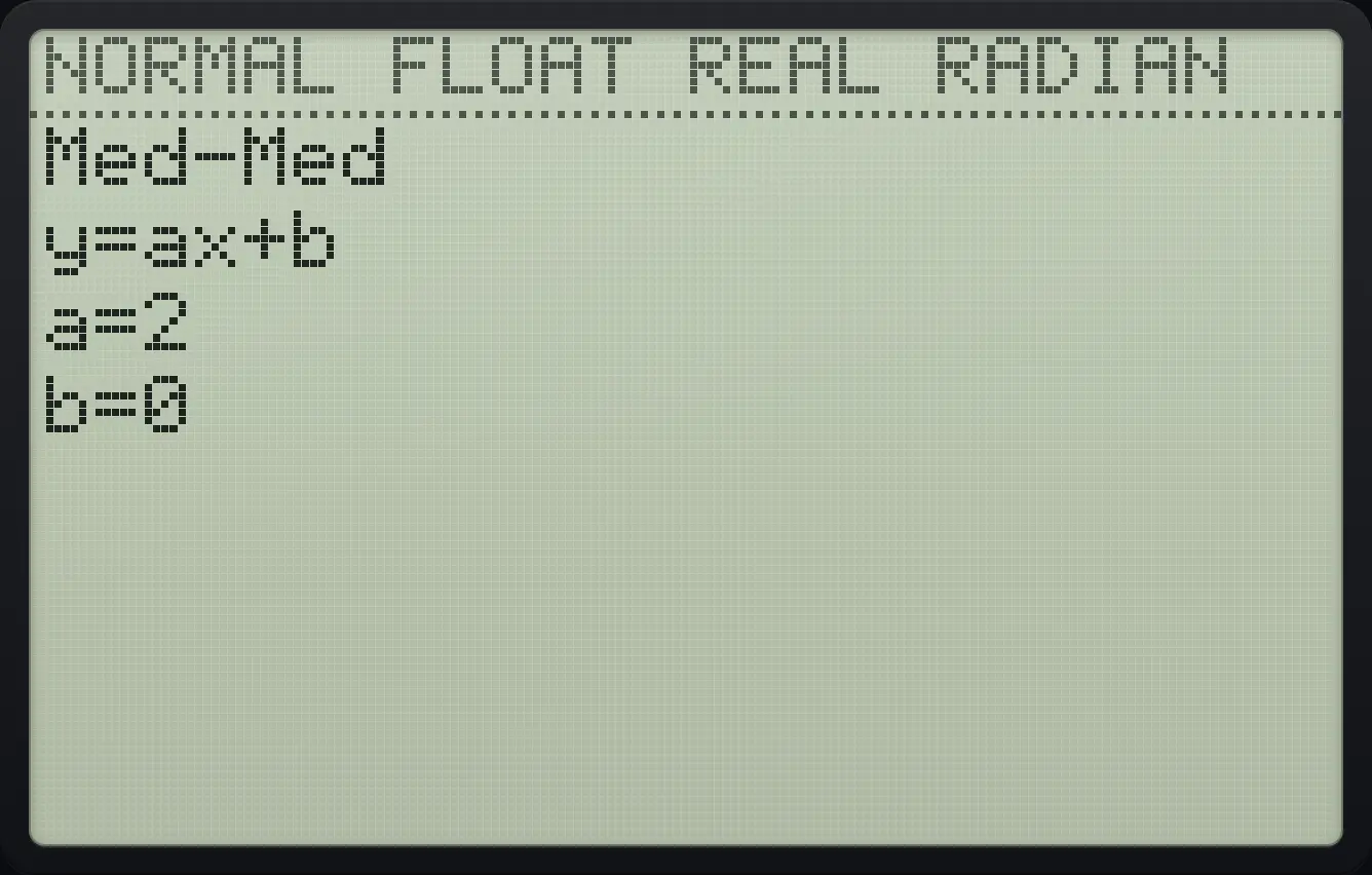 Result of the example "A resistant line (Med-Med)" The display shows: Med-Med / y=ax+b / a=2 / b=0.