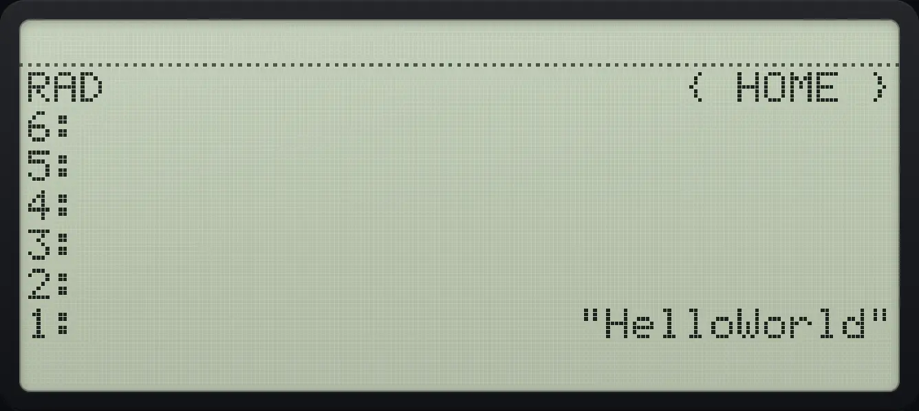 Result of the example "Join two strings" The display shows: RAD { HOME } / 6: / 5: / 4: / 3: / 2: / 1: "HelloWorld".