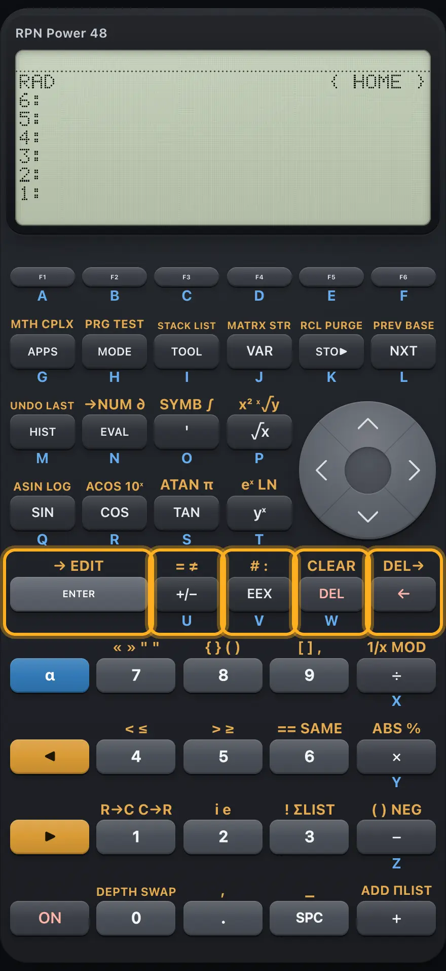 ENTER and the editing keys. The display shows: RAD                      { HOME } / 6: / 5: / 4: / 3: / 2: / 1:.
