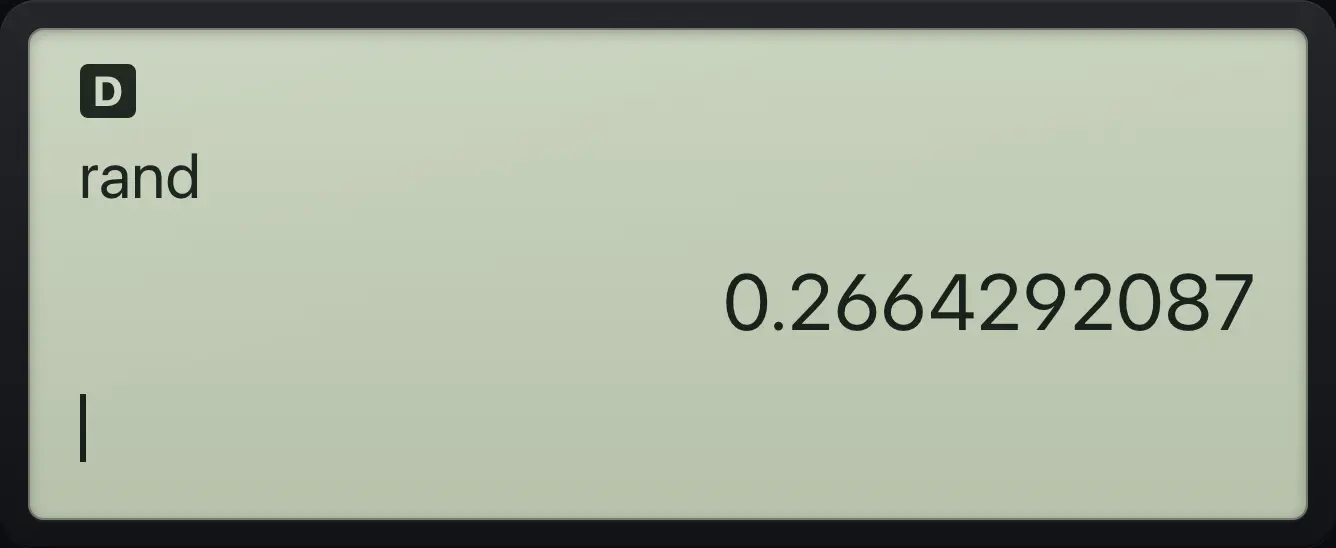 Result of the example "Random decimal" The display shows: rand / 0.2664292087.