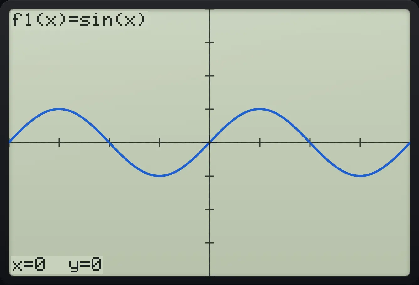 After step 1: Plot sin(x), press menu, 2, 2. The display shows: f1(x)=sin(x) / x=0  y=0.