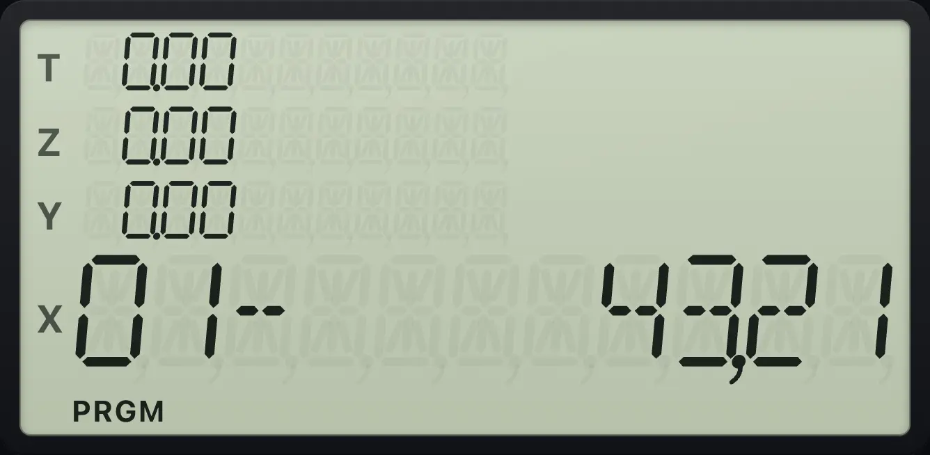Result of the example "A blue-key line" The display shows: 01- 43,21 / 0.00 / 0.00 / 0.00 / 0.00.