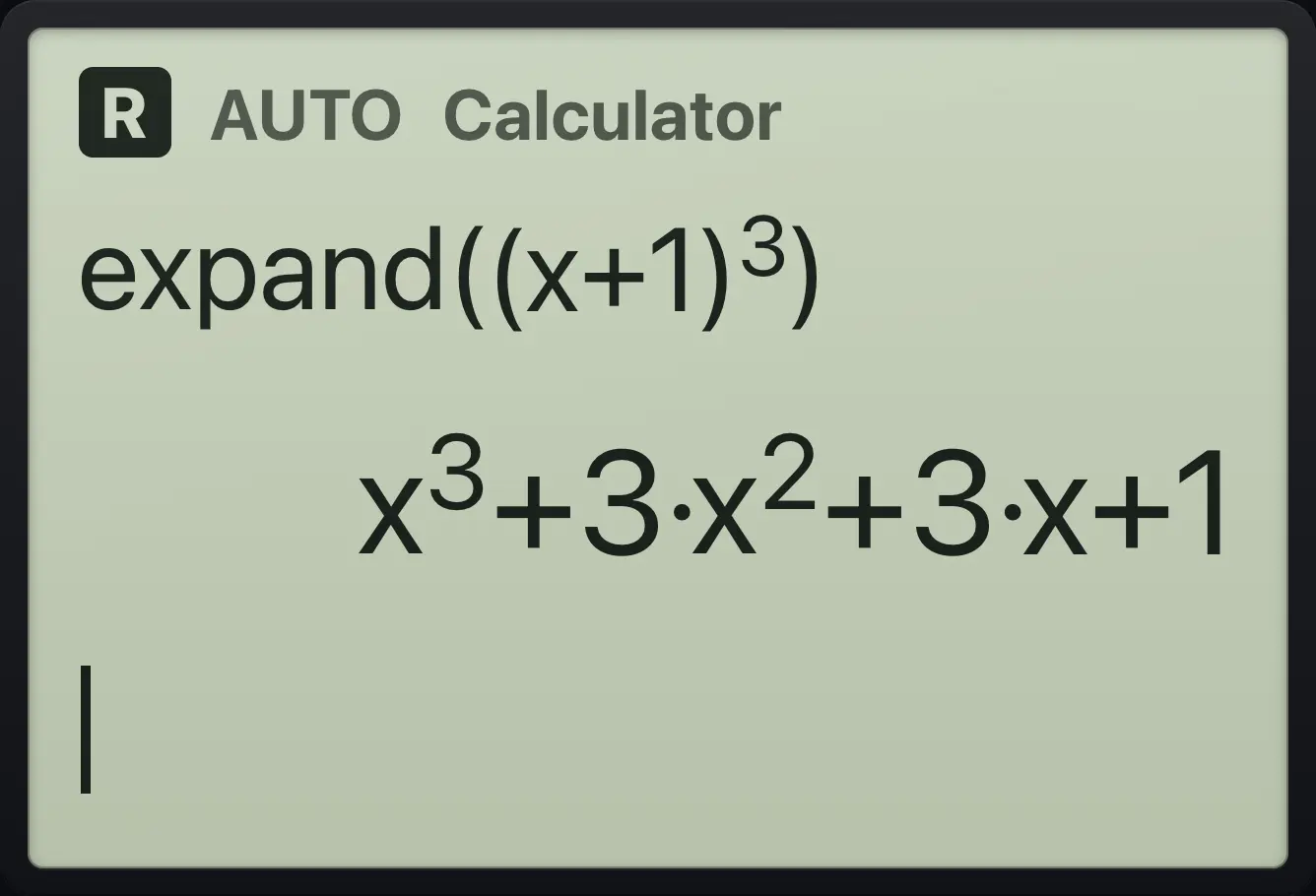 Result of the example "Expand a cube" The display shows: expand((x+1)^3) / x^3+3·x^2+3·x+1.