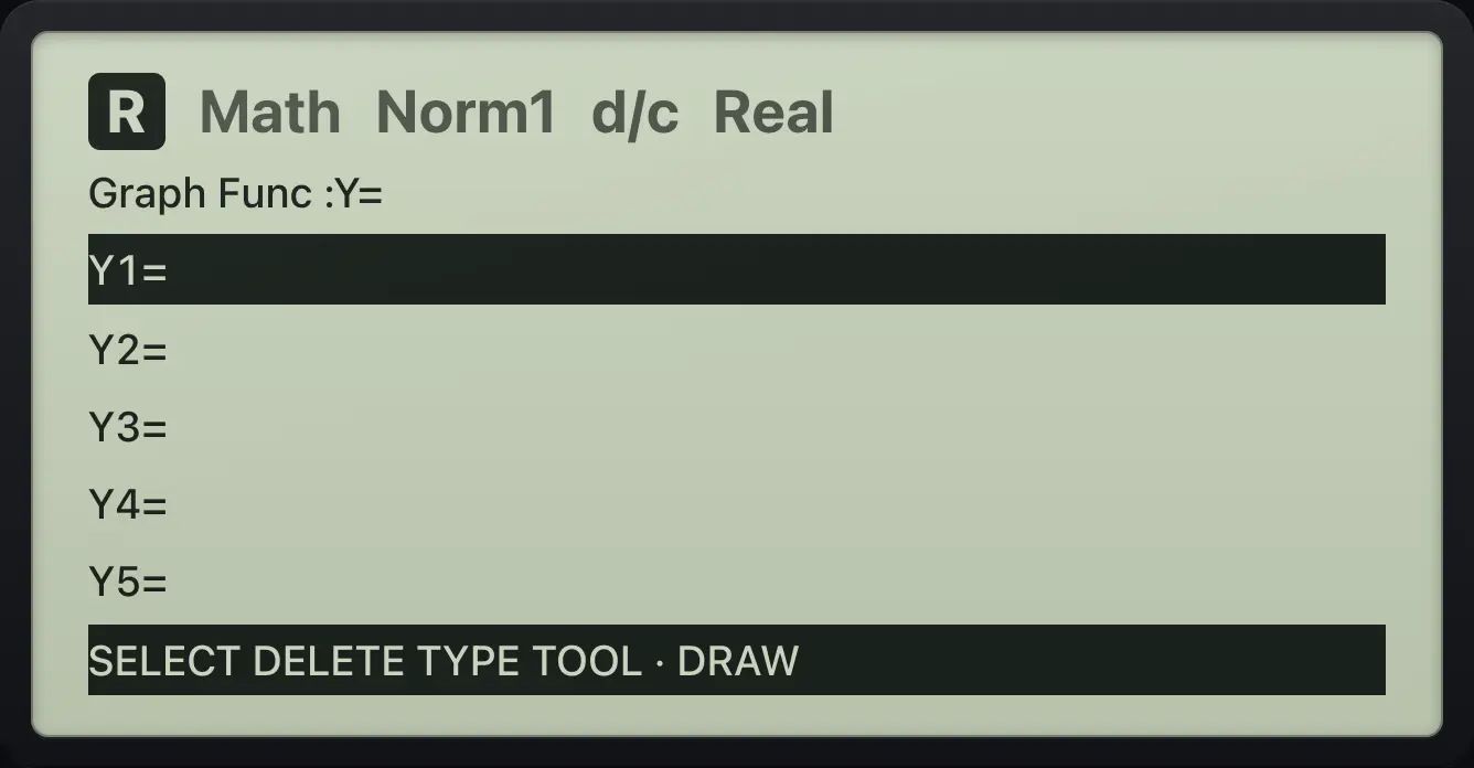 Result of the example "Delete a function" The display shows: Graph Func :Y= / Y1= / Y2= / Y3= / Y4= / Y5= / SELECT DELETE TYPE TOOL · DRAW.